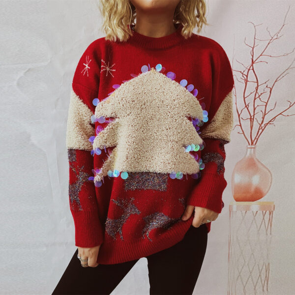 Women's Fashion Christmas Holiday Handmade Sequined Christmas Tree Sweater - Image 3