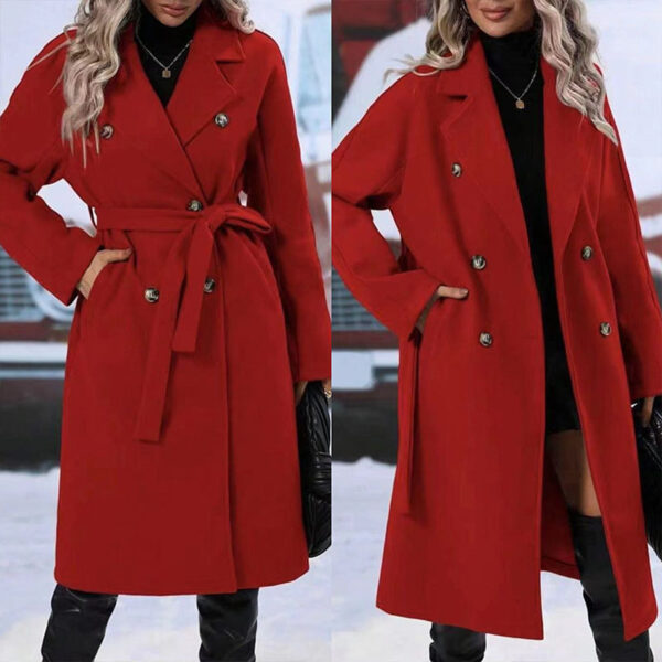 Lapel Double-breasted Trench Coat With Belt Winter Fashion Solid Color Long Jacket Outwear Women Clothing - Image 2