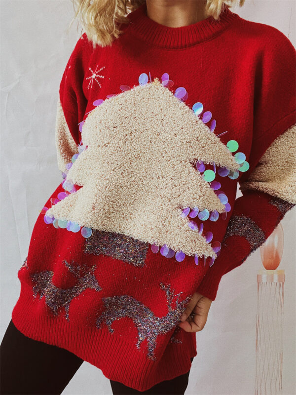 Women's Fashion Christmas Holiday Handmade Sequined Christmas Tree Sweater - Image 4