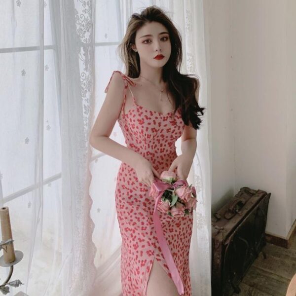 Womens Retro Floral Lace Up Slit Dress